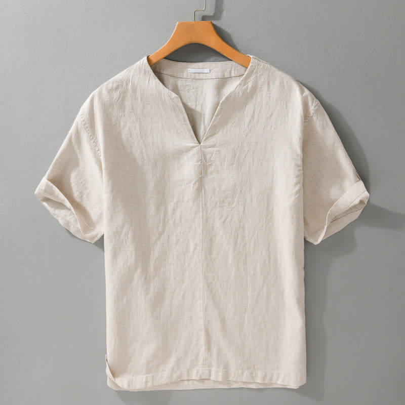 Buddha Stones Minimalistisches, einfarbiges Kurzarm-T-Shirt für Herren mit V-Ausschnitt für den Sommer - Leinen - US/ UK/AU42, EU52 (3XL) - image 0