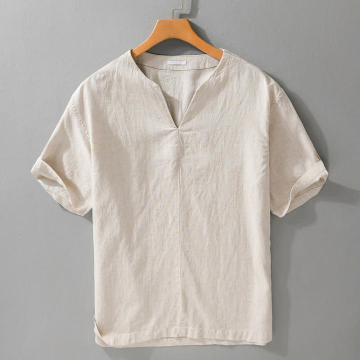 Buddha Stones Minimalistisches, einfarbiges Kurzarm-T-Shirt für Herren mit V-Ausschnitt für den Sommer - Leinen - US/ UK/AU42, EU52 (3XL) - image 0