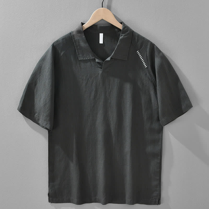 Buddha Stones Lässiges, minimalistisches Kurzarmhemd für Herren mit Seitenschlitz und einfarbigem Reverskragen – perfekt für Sommer. - Dunkelgrau - US/ UK/AU42, EU52 (3XL) - image 0