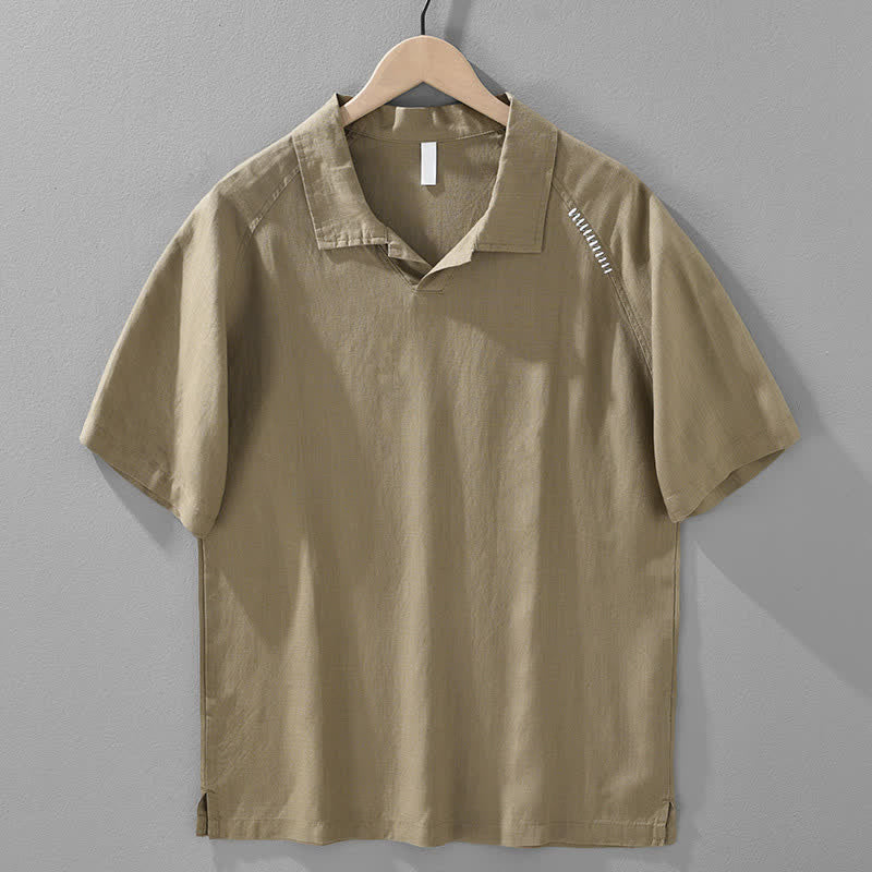 Buddha Stones Lässiges, minimalistisches Kurzarmhemd für Herren mit Seitenschlitz und einfarbigem Reverskragen – perfekt für Sommer. - Bräunen - US/ UK/AU42, EU52 (3XL) - image 1
