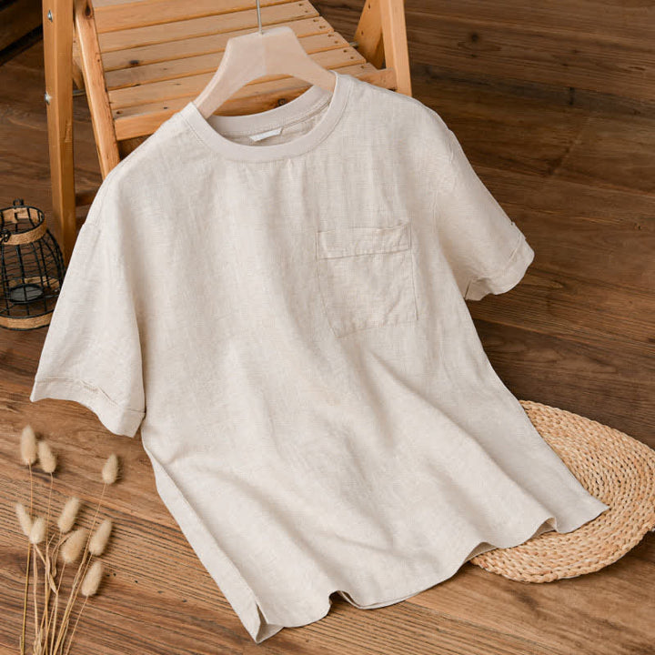 Buddha Stones Lässiges, minimalistisches Kurzarm-T-Shirt für Herren mit aufgesetzter Tasche für den Sommer. - Leinen - US/ UK/AU42, EU52 (3XL) - image 0