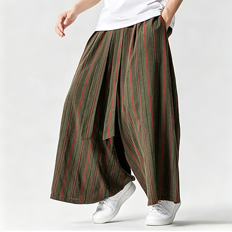 Buddha Stones Sommerliche Vintage-Herrenhose mit Kordelzug, Streifenmuster, weites Bein und Tasche - image 5