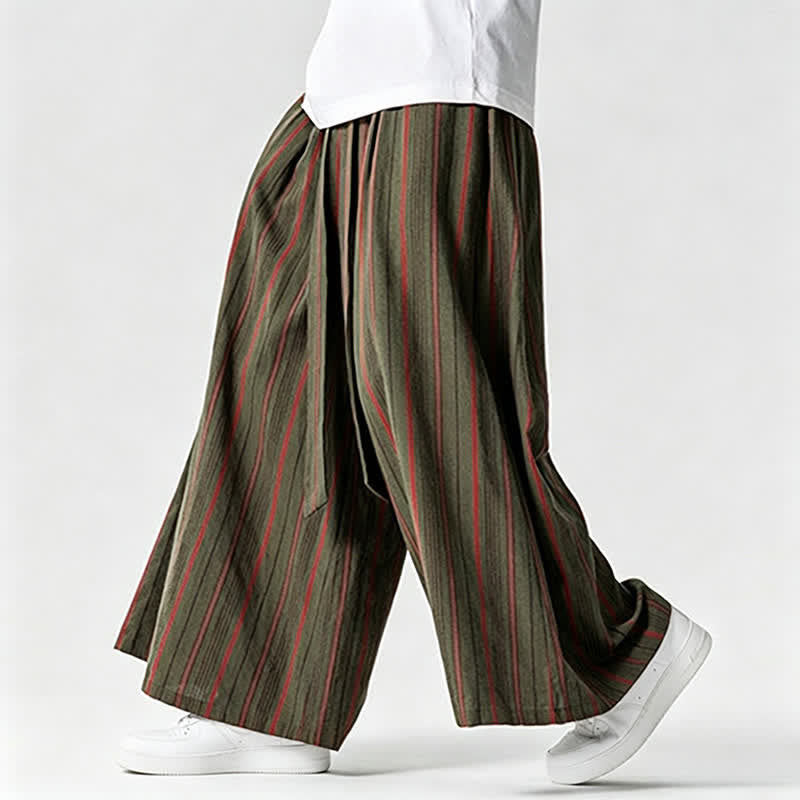 Buddha Stones Sommerliche Vintage-Herrenhose mit Kordelzug, Streifenmuster, weites Bein und Tasche - Dunkelolivgrün - US/ UK/AU42, EU52 (3XL) - image 0