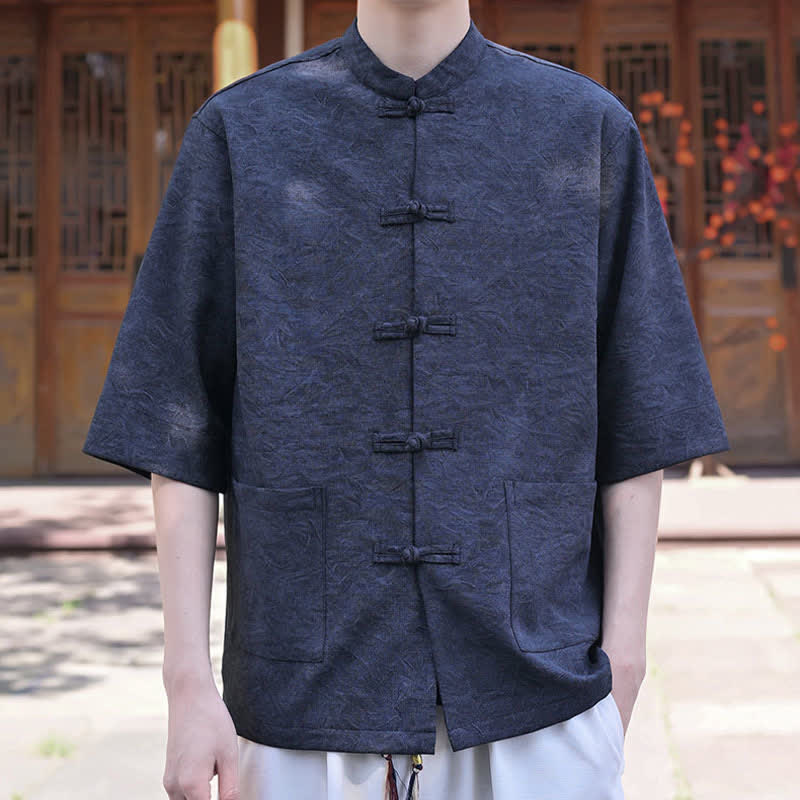Buddha Stones Sommerliches Herrenhemd im Tang-Stil mit Stehkragen, Froschknopfleiste und kurzen Ärmeln sowie Tasche - Mitternachtsblau - US/ UK/AU46, EU56 (5XL) - image 7
