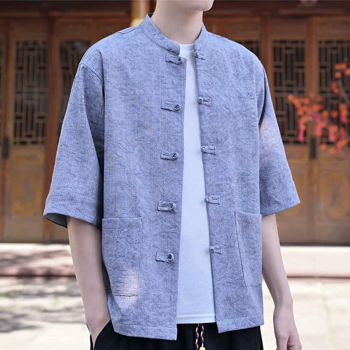 Buddha Stones Sommerliches Herrenhemd im Tang-Stil mit Stehkragen, Froschknopfleiste und kurzen Ärmeln sowie Tasche - Kornblumenblau - US/ UK/AU46, EU56 (5XL) - image 14