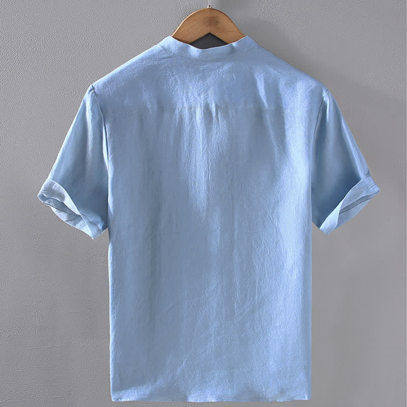 Buddha Stones Sommerliches Tang Style Casual Herrenhemd mit Stehkragen aus einfarbigem Leinen, Kurzarm, Kurzarm, aus Leinen, aus robustem Leinen, mit Stehkragen - image 2