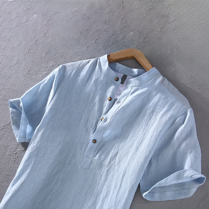 Buddha Stones Sommerliches Tang Style Casual Herrenhemd mit Stehkragen aus einfarbigem Leinen, Kurzarm, Kurzarm, aus Leinen, aus robustem Leinen, mit Stehkragen - image 3