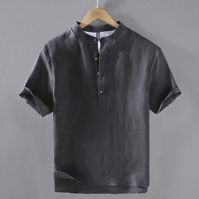 Buddha Stones Sommerliches Tang Style Casual Herrenhemd mit Stehkragen aus einfarbigem Leinen, Kurzarm, Kurzarm, aus Leinen, aus robustem Leinen, mit Stehkragen - Dunkelgrau - US/ UK/AU42, EU52 (3XL) - image 12