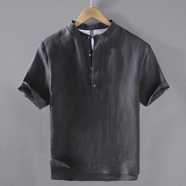 Buddha Stones Sommerliches Tang Style Casual Herrenhemd mit Stehkragen aus einfarbigem Leinen, Kurzarm, Kurzarm, aus Leinen, aus robustem Leinen, mit Stehkragen - Dunkelgrau - US/ UK/AU42, EU52 (3XL) - image 12