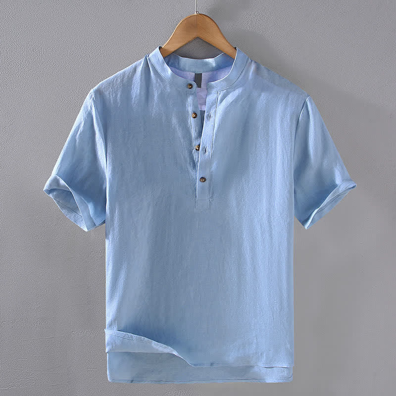 Buddha Stones Sommerliches Tang Style Casual Herrenhemd mit Stehkragen aus einfarbigem Leinen, Kurzarm, Kurzarm, aus Leinen, aus robustem Leinen, mit Stehkragen - Hellblau - US/ UK/AU42, EU52 (3XL) - image 0