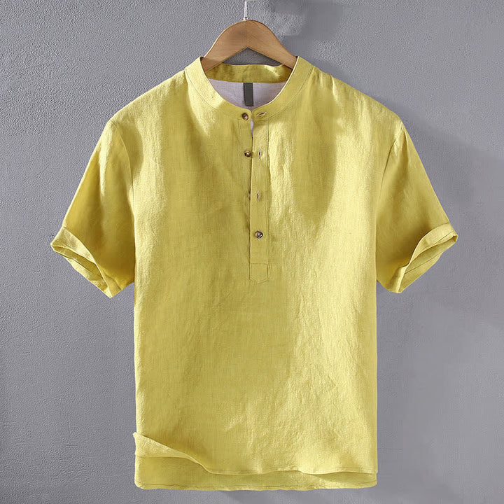 Buddha Stones Sommerliches Tang Style Casual Herrenhemd mit Stehkragen aus einfarbigem Leinen, Kurzarm, Kurzarm, aus Leinen, aus robustem Leinen, mit Stehkragen - Gelb - US/ UK/AU42, EU52 (3XL) - image 13