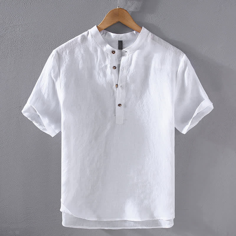 Buddha Stones Sommerliches Tang Style Casual Herrenhemd mit Stehkragen aus einfarbigem Leinen, Kurzarm, Kurzarm, aus Leinen, aus robustem Leinen, mit Stehkragen - Weiß - US/ UK/AU42, EU52 (3XL) - image 14