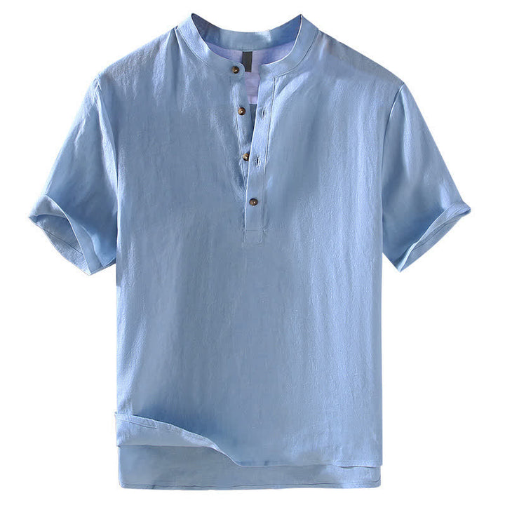 Buddha Stones Sommerliches Tang Style Casual Herrenhemd mit Stehkragen aus einfarbigem Leinen, Kurzarm, Kurzarm, aus Leinen, aus robustem Leinen, mit Stehkragen - image 1