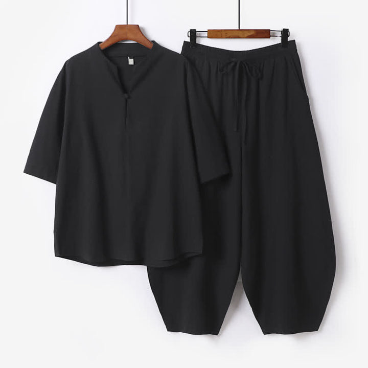 Buddha Stones 2-teiliges Set für Frühling und Sommer: Lässiges Herren-Meditationstuch mit Tasche und Kordelzug, einfarbiges Hemd und kurze Hose im Tang-Stil. - Schwarz - US/ UK/AU54, EU64 (9XL) - image 3