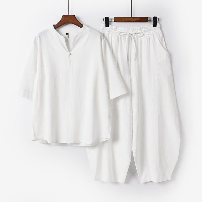 Buddha Stones 2-teiliges Set für Frühling und Sommer: Lässiges Herren-Meditationstuch mit Tasche und Kordelzug, einfarbiges Hemd und kurze Hose im Tang-Stil. - Weiß - US/ UK/AU54, EU64 (9XL) - image 15