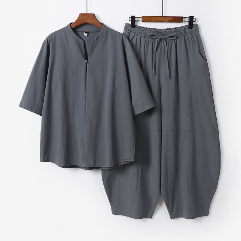 Buddha Stones 2-teiliges Set für Frühling und Sommer: Lässiges Herren-Meditationstuch mit Tasche und Kordelzug, einfarbiges Hemd und kurze Hose im Tang-Stil. - Schiefergrau - US/UK/AU54, EU64 (9XL) - image 0