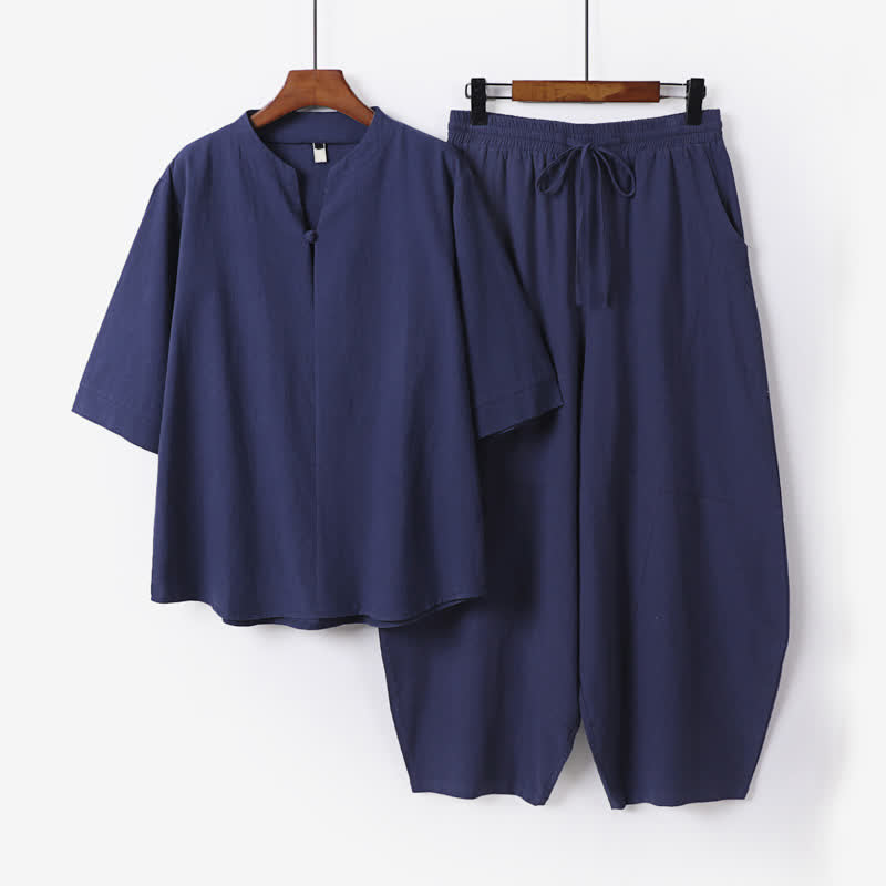 Buddha Stones 2-teiliges Set für Frühling und Sommer: Lässiges Herren-Meditationstuch mit Tasche und Kordelzug, einfarbiges Hemd und kurze Hose im Tang-Stil. - Mitternachtsblau - US/ UK/AU54, EU64 (9XL) - image 6