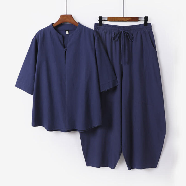 Buddha Stones 2-teiliges Set für Frühling und Sommer: Lässiges Herren-Meditationstuch mit Tasche und Kordelzug, einfarbiges Hemd und kurze Hose im Tang-Stil. - Mitternachtsblau - US/ UK/AU54, EU64 (9XL) - image 6