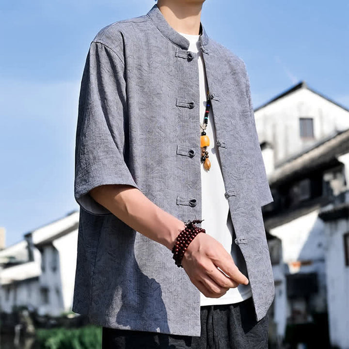 Buddha Stones Sommerliches Kurzarmhemd im Tang-Stil mit Stehkragen und Froschknopfleiste für Herren - image 15