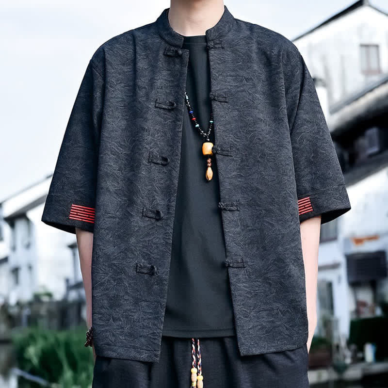 Buddha Stones Sommerliches Kurzarmhemd im Tang-Stil mit Stehkragen und Froschknopfleiste für Herren - Schwarz - US/ UK/AU46, EU56 (5XL) - image 5