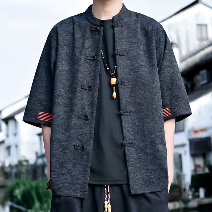 Buddha Stones Sommerliches Kurzarmhemd im Tang-Stil mit Stehkragen und Froschknopfleiste für Herren - Schwarz - US/ UK/AU46, EU56 (5XL) - image 5