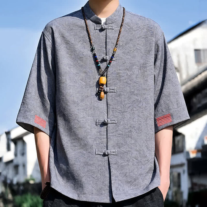 Buddha Stones Sommerliches Kurzarmhemd im Tang-Stil mit Stehkragen und Froschknopfleiste für Herren - Hellgrau - US/ UK/AU46, EU56 (5XL) - image 12