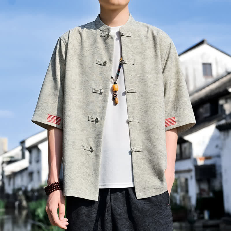 Buddha Stones Sommerliches Kurzarmhemd im Tang-Stil mit Stehkragen und Froschknopfleiste für Herren - Beige - US/ UK/AU46, EU56 (5XL) - image 0