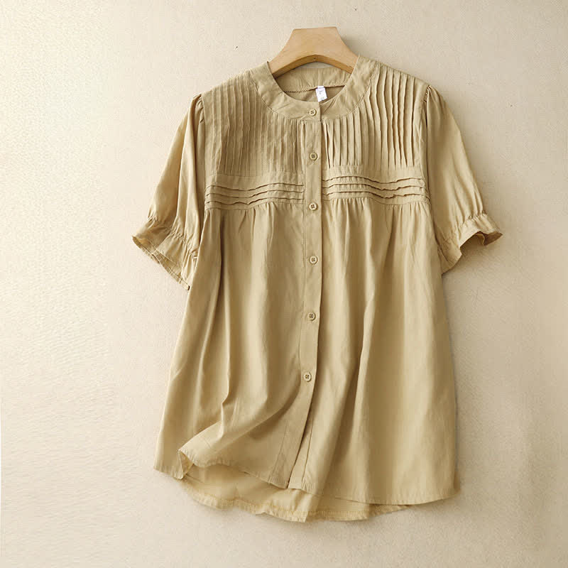 Buddha Stones Lässiges Sommerhemd im Vintage-Stil mit Knopfleiste, einfarbigem Design und Abnähern, Kurzarm, für Damen - Khaki - US8-10, UK/AU12-14, EU40-42 (2XL) - image 0