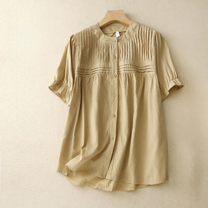 Buddha Stones Lässiges Sommerhemd im Vintage-Stil mit Knopfleiste, einfarbigem Design und Abnähern, Kurzarm, für Damen - Khaki - US8-10, UK/AU12-14, EU40-42 (2XL) - image 0