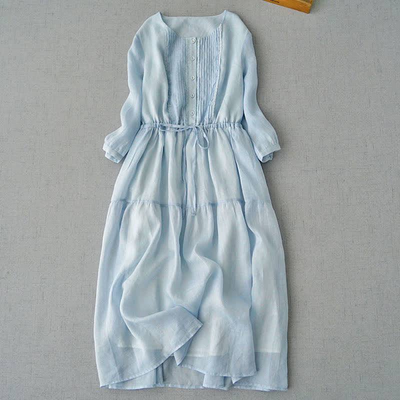 Buddha Stones Sommerliches Vintage-Kleid für Damen aus Baumwolle mit kurzen Ärmeln, Kordelzug, Knopfleiste, Abnähern, kurzem Ärmeln und Tasche. - Hellblau - US12, UK/AU16, EU44 (2XL) - image 0