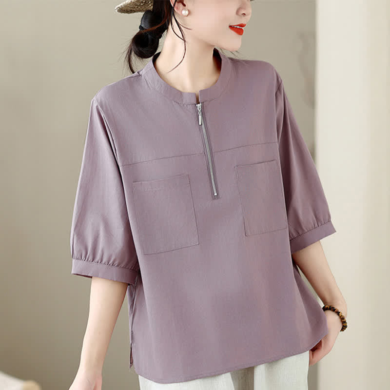 Buddha Stones Minimalistisches, lässiges Kurzarmhemd für Damen mit Viertelreißverschluss und aufgesetzter Tasche – perfekt für den Sommer. - Distel - US12, UK/AU16, EU44 (2XL) - image 11
