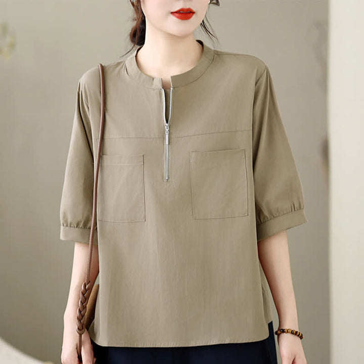 Buddha Stones Minimalistisches, lässiges Kurzarmhemd für Damen mit Viertelreißverschluss und aufgesetzter Tasche – perfekt für den Sommer. - Bräunen - US12, UK/AU16, EU44 (2XL) - image 0