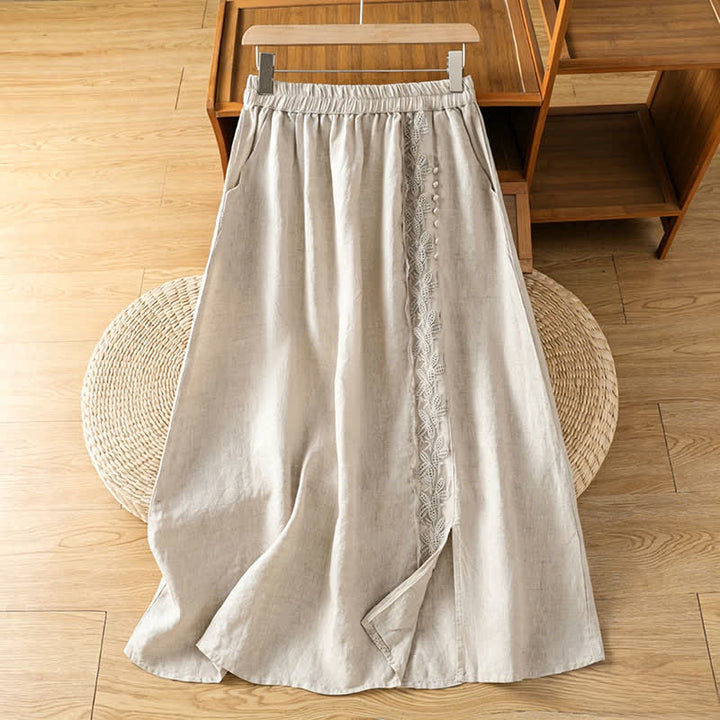 Buddha Stones Sommerlicher, lässiger Vintage-Rock mit Seitenschlitz, einfarbigem Blumenmuster und Tasche für Damen - Beige - US8-10, UK/AU12-14, EU40-42 (2XL) - image 0