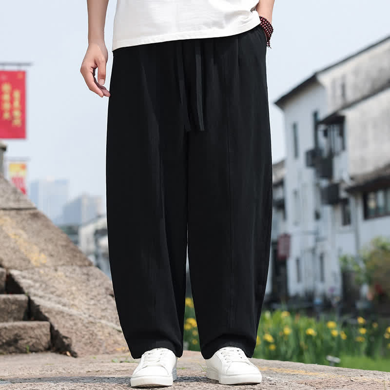 Buddha Stones Lässige, minimalistische Herren-Haremshose aus einfarbiger Baumwolle mit Kordelzug und Tasche - Schwarz - US/UK/AU46, EU56 (5XL) - image 9