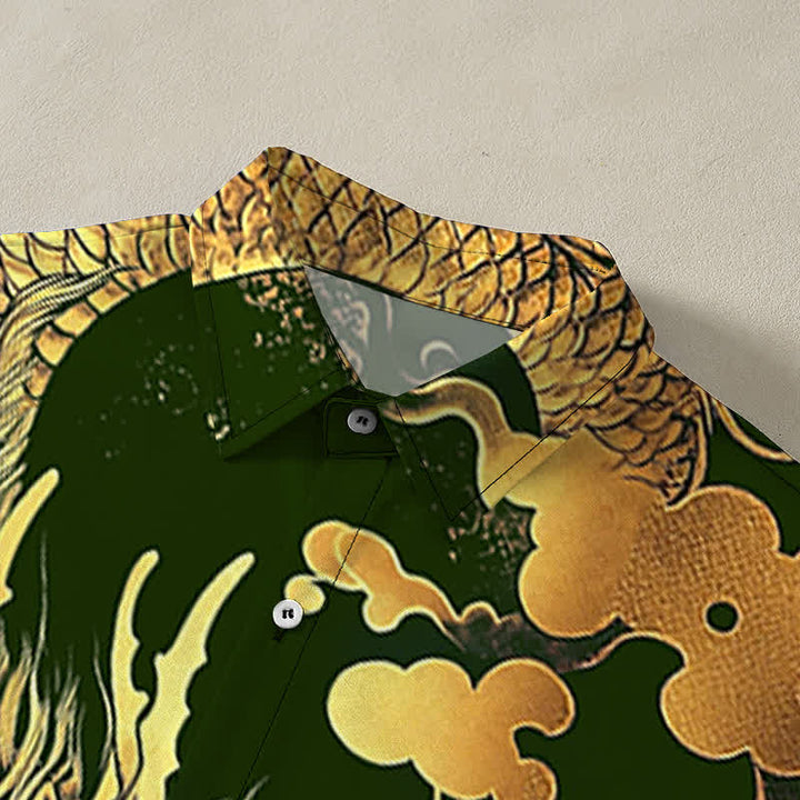 Buddha Stones Herren-Kurzarmhemd mit goldenem Drachen- und Wolkenmuster, knitterarm. - image 12