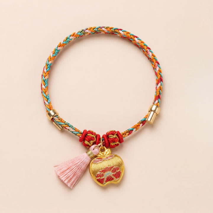 Buddha Stones Handgewebtes Armband mit fünffarbigem Apfel-Geldbeutel-Anhänger und chinesischem Schloss-Charm - Apfel (gleicher Farbton – Muster variiert) - image 0