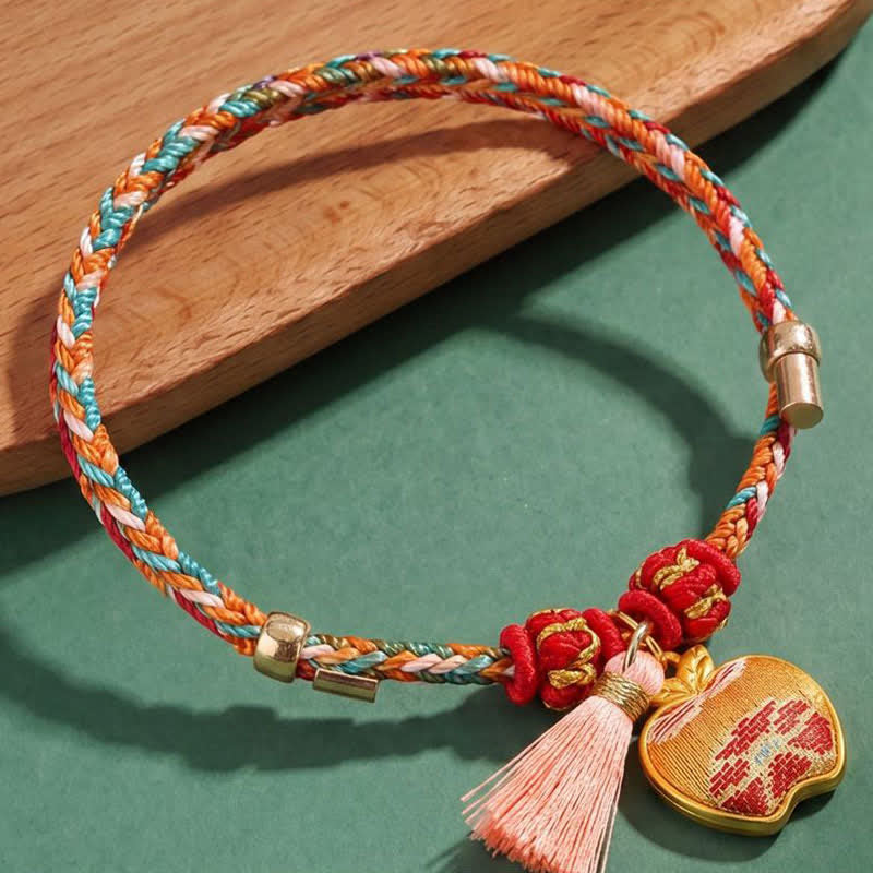 Buddha Stones Handgewebtes Armband mit fünffarbigem Apfel-Geldbeutel-Anhänger und chinesischem Schloss-Charm - image 2