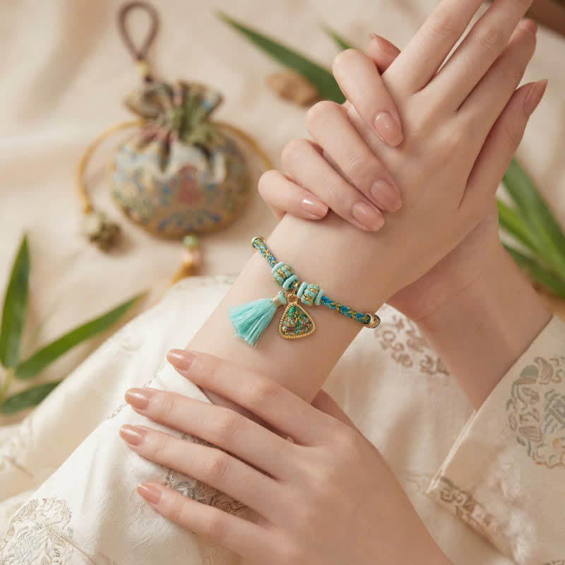 Buddha Stones Handgewebtes Armband aus fünffarbiger Kordel, Glücksgrün, Brokat, Zongzi-Apfel-Geldbeutel, chinesischem Schlossanhänger und Kürbis - image 4