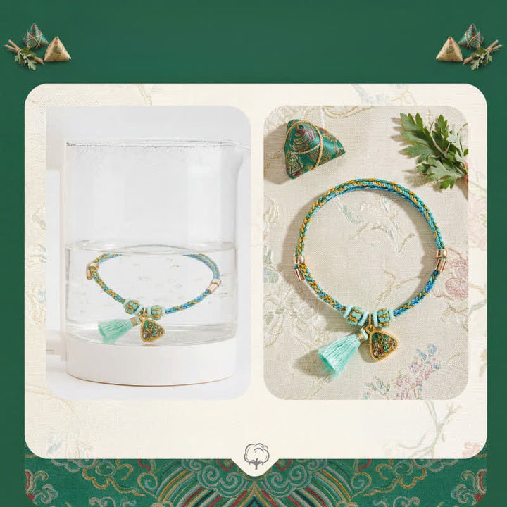 Buddha Stones Handgewebtes Armband aus fünffarbiger Kordel, Glücksgrün, Brokat, Zongzi-Apfel-Geldbeutel, chinesischem Schlossanhänger und Kürbis - image 5
