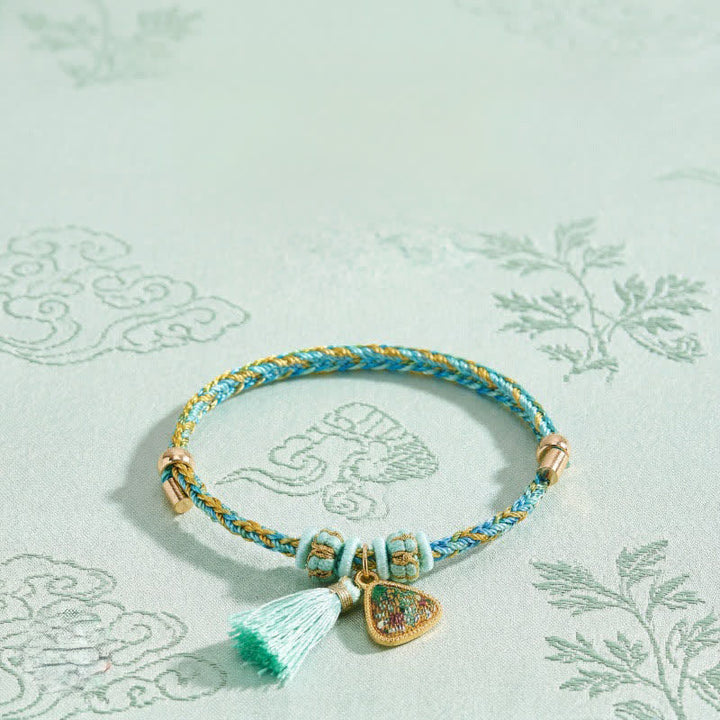 Buddha Stones Handgewebtes Armband aus fünffarbiger Kordel, Glücksgrün, Brokat, Zongzi-Apfel-Geldbeutel, chinesischem Schlossanhänger und Kürbis - image 3