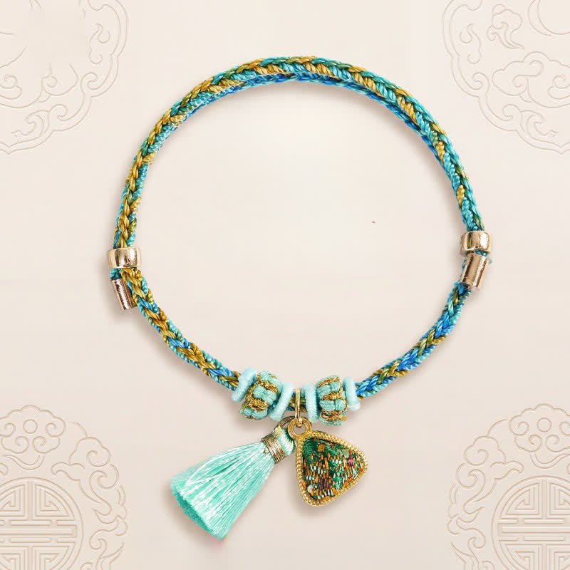 Buddha Stones Handgewebtes Armband aus fünffarbiger Kordel, Glücksgrün, Brokat, Zongzi-Apfel-Geldbeutel, chinesischem Schlossanhänger und Kürbis - image 1