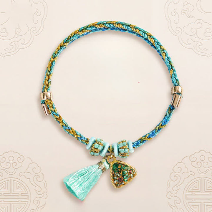 Buddha Stones Handgewebtes Armband aus fünffarbiger Kordel, Glücksgrün, Brokat, Zongzi-Apfel-Geldbeutel, chinesischem Schlossanhänger und Kürbis - image 1