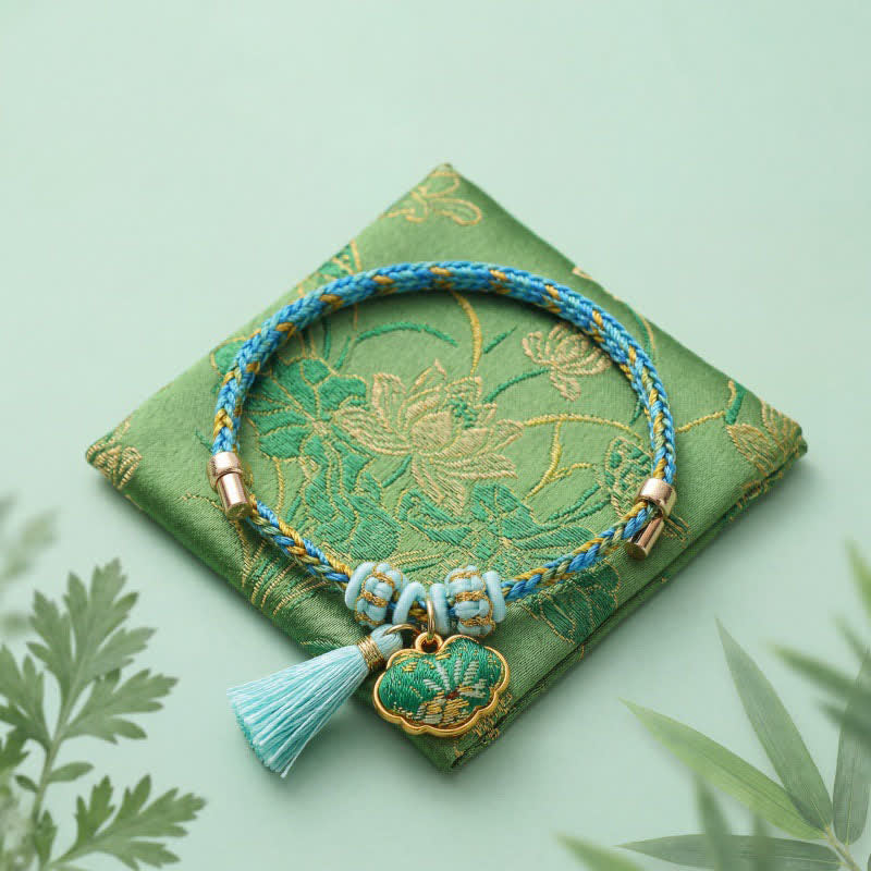 Buddha Stones Handgewebtes Armband aus fünffarbiger Kordel, Glücksgrün, Brokat, Zongzi-Apfel-Geldbeutel, chinesischem Schlossanhänger und Kürbis - image 8