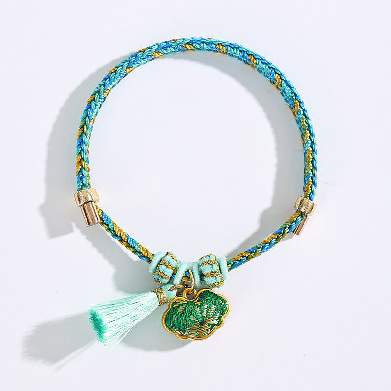 Buddha Stones Handgewebtes Armband aus fünffarbiger Kordel, Glücksgrün, Brokat, Zongzi-Apfel-Geldbeutel, chinesischem Schlossanhänger und Kürbis - image 12
