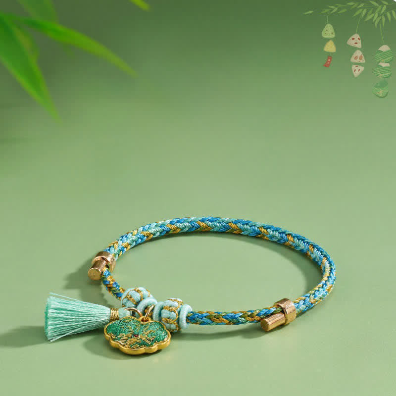 Buddha Stones Handgewebtes Armband aus fünffarbiger Kordel, Glücksgrün, Brokat, Zongzi-Apfel-Geldbeutel, chinesischem Schlossanhänger und Kürbis - image 11