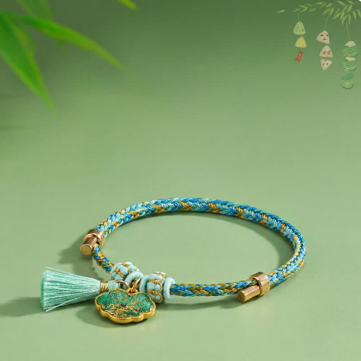 Buddha Stones Handgewebtes Armband aus fünffarbiger Kordel, Glücksgrün, Brokat, Zongzi-Apfel-Geldbeutel, chinesischem Schlossanhänger und Kürbis - image 11