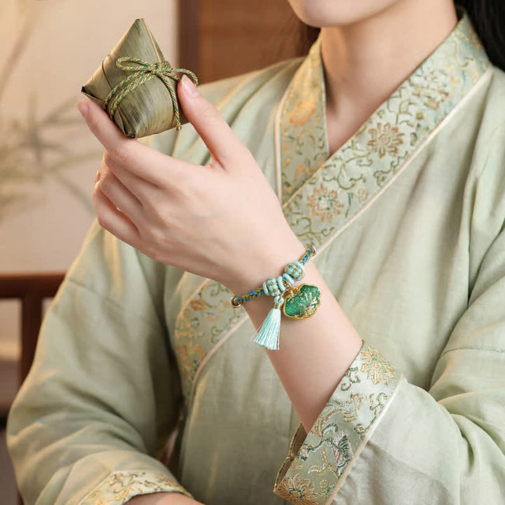 Buddha Stones Handgewebtes Armband aus fünffarbiger Kordel, Glücksgrün, Brokat, Zongzi-Apfel-Geldbeutel, chinesischem Schlossanhänger und Kürbis - image 10