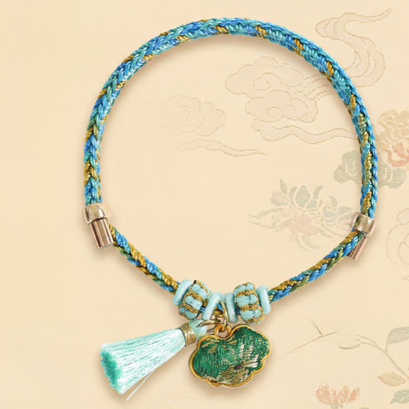 Buddha Stones Handgewebtes Armband aus fünffarbiger Kordel, Glücksgrün, Brokat, Zongzi-Apfel-Geldbeutel, chinesischem Schlossanhänger und Kürbis - image 9