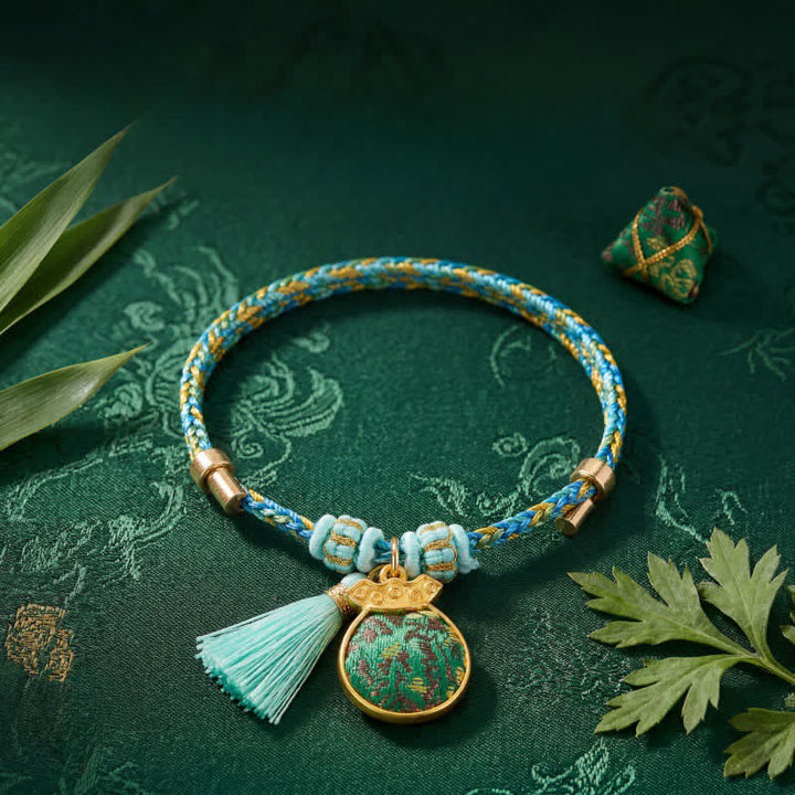 Buddha Stones Handgewebtes Armband aus fünffarbiger Kordel, Glücksgrün, Brokat, Zongzi-Apfel-Geldbeutel, chinesischem Schlossanhänger und Kürbis - image 14