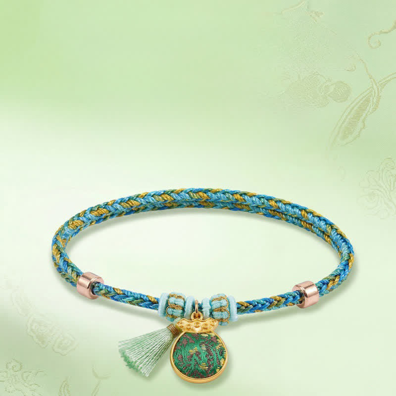 Buddha Stones Handgewebtes Armband aus fünffarbiger Kordel, Glücksgrün, Brokat, Zongzi-Apfel-Geldbeutel, chinesischem Schlossanhänger und Kürbis - image 17